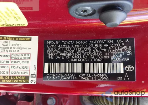 2018 Toyota C-Hr Xle z USA, uszkodzony, nr VIN JTNKHMBX3J1010421